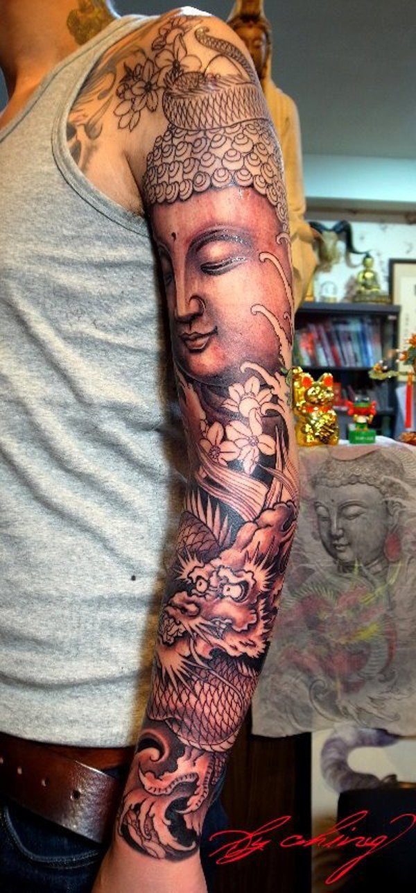 This magnificently tattooed design shows Buddha and an Eastern dragon which signifies good fortune, fertility and protector of life.